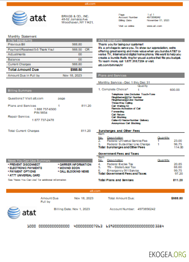 Texas AT&T Telecommunications Business Utility, facture, SCR